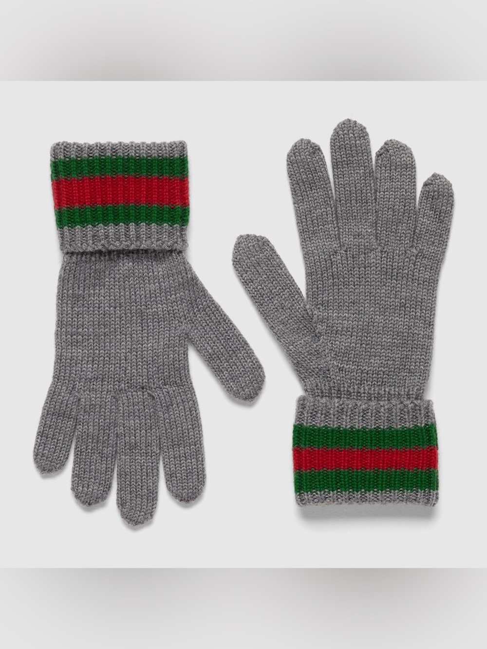 Brand new Gucci Gray Knit Gloves with Red & Green Stripe size L fits women's m/l